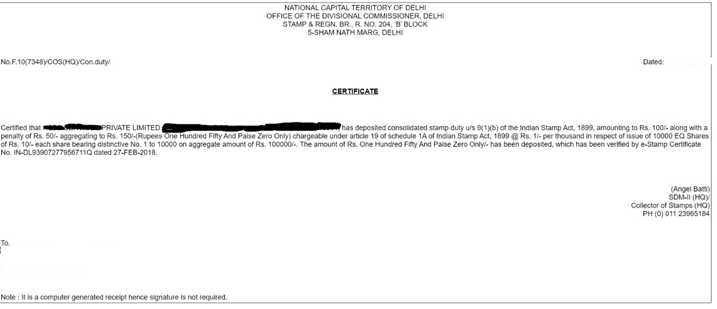 estamping of Shares Certificate